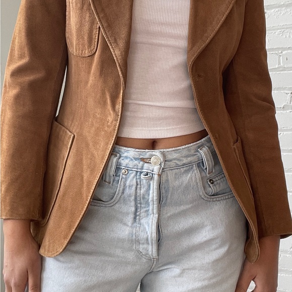 Vintage 70's Benchmark Tan Suede Leather Dagger Collar Jacket Blazer - Picture 4 of 9